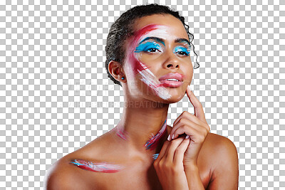 Buy stock photo Woman, bright and makeup with idea for multicolor, design or artwork on face for beauty. Female model, thinking and creative in glamour for texture on isolated or transparent png background by paint