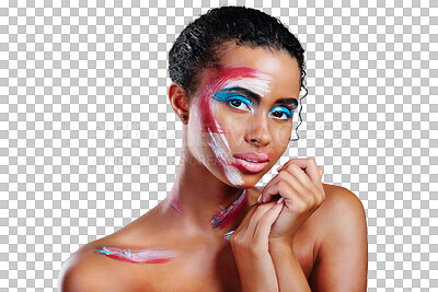 Buy stock photo Woman, portrait and art paint for makeup or abstract design for cosmetic, creative or isolated on transparent png background. Female person, face as unique color or expression, inspiration or fantasy