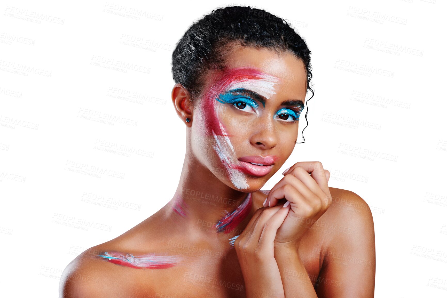 Buy stock photo Woman, portrait and art paint for makeup or abstract design for cosmetic, creative or isolated on transparent png background. Female person, face as unique color or expression, inspiration or fantasy