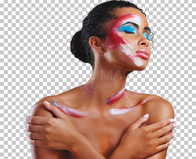 Buy stock photo Woman, art and paint for makeup or creative abstract design for cosmetic, splash or isolated on transparent png background. Female person, face as unique color or expression, inspiration or editorial