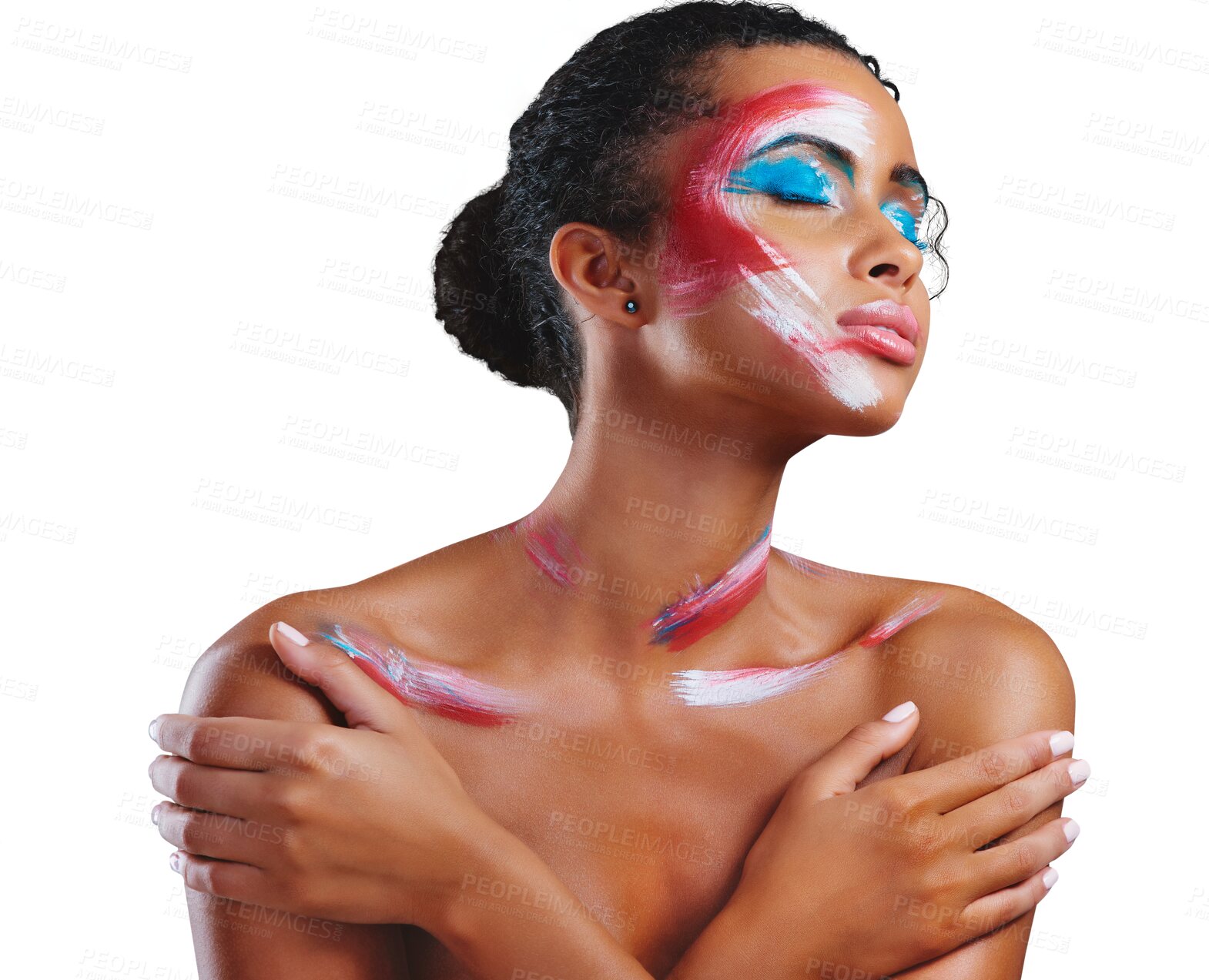 Buy stock photo Woman, art and paint for makeup or creative abstract design for cosmetic, splash or isolated on transparent png background. Female person, face as unique color or expression, inspiration or editorial