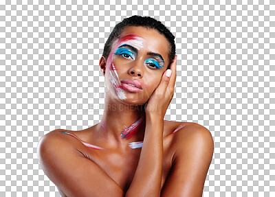 Buy stock photo Woman, portrait and abstract paint for makeup or art deco design cosmetic, creative or isolated on transparent png background. Female person, face as unique color or editorial, inspiration or pattern