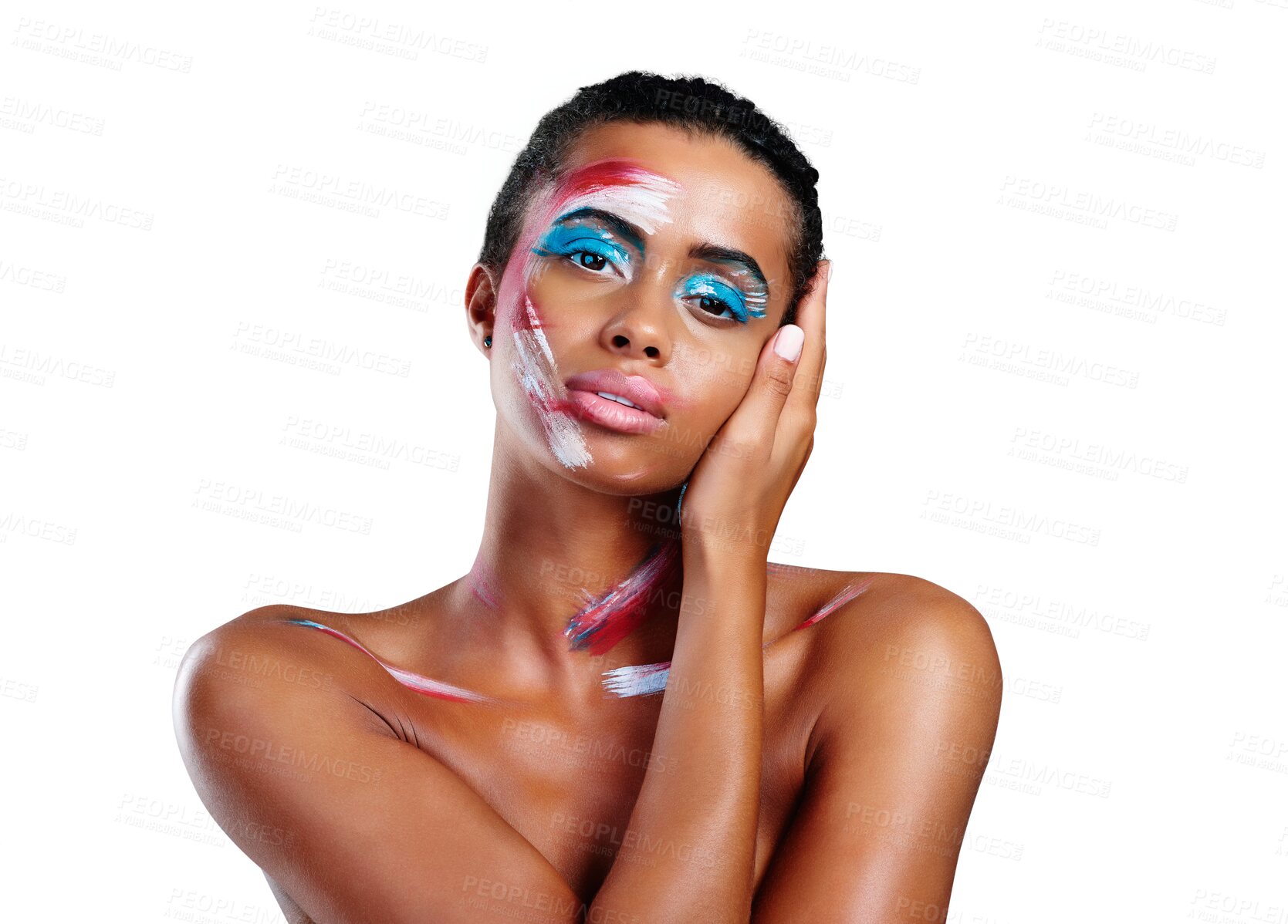 Buy stock photo Woman, portrait and abstract paint for makeup or art deco design cosmetic, creative or isolated on transparent png background. Female person, face as unique color or editorial, inspiration or pattern