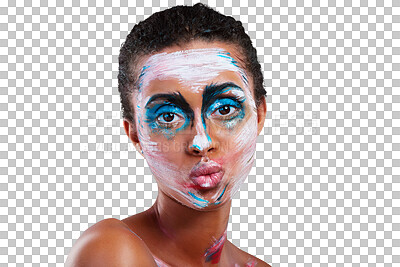 Buy stock photo Woman, portrait and art paint fantasy or pout as abstract design cosmetic, creative makeup or isolated on transparent png background. Female person, face and color or express, inspiration as pattern