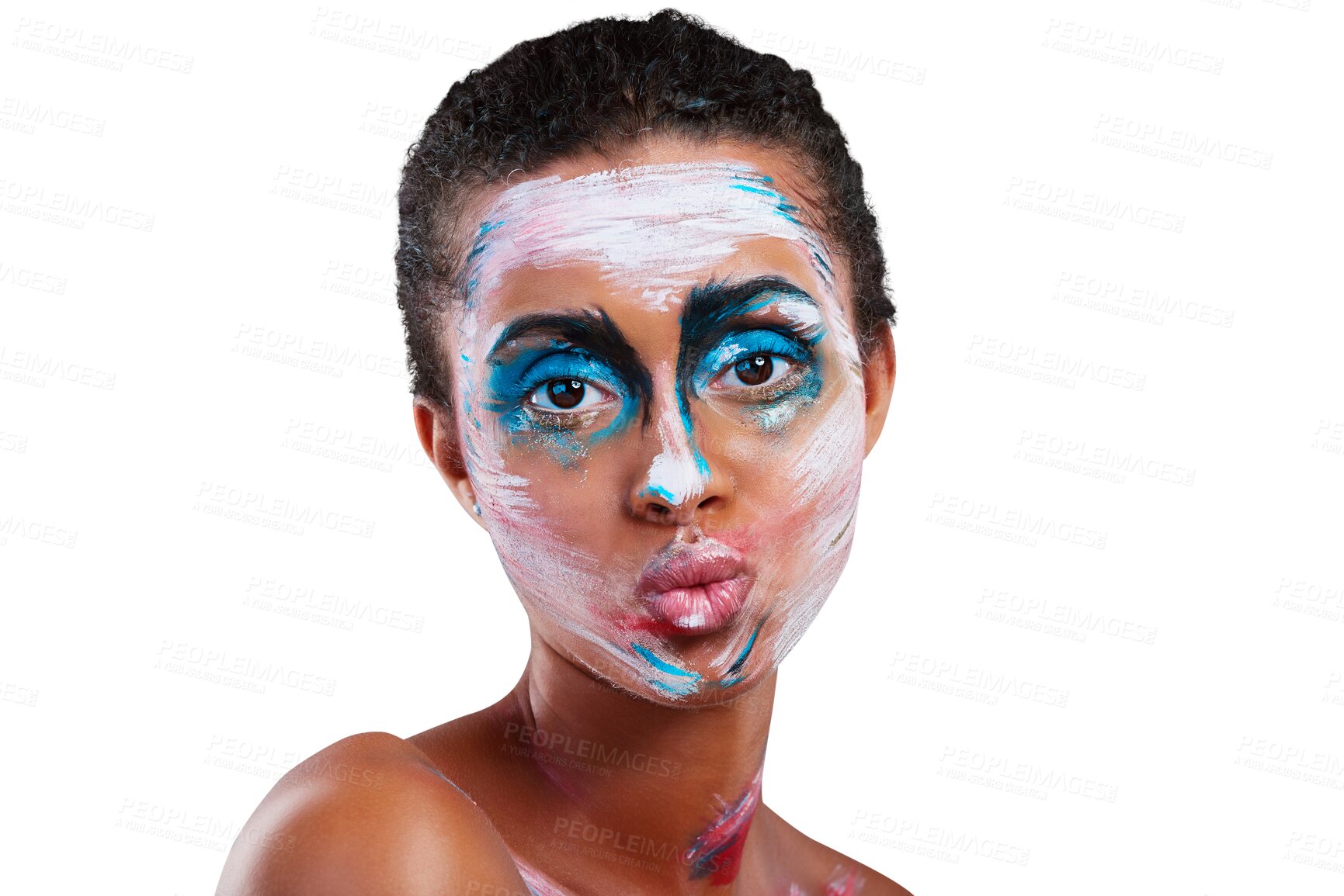 Buy stock photo Woman, portrait and art paint fantasy or pout as abstract design cosmetic, creative makeup or isolated on transparent png background. Female person, face and color or express, inspiration as pattern