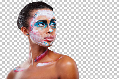 Buy stock photo Woman, makeup and art creative abstract for cosmetic transformation, pattern or isolated transparent png background. Female person, unique color and expression, editorial inspiration as face paint