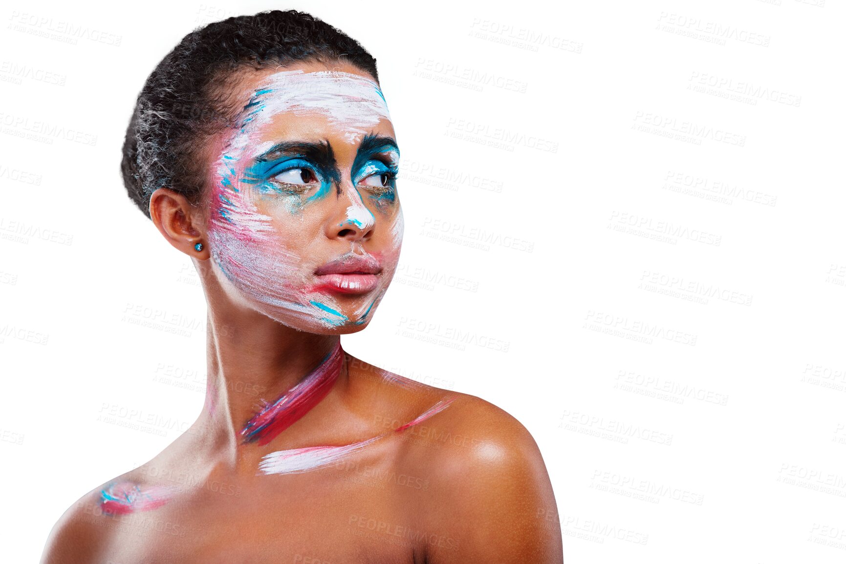 Buy stock photo Woman, makeup and art creative abstract for cosmetic transformation, pattern or isolated transparent png background. Female person, unique color and expression, editorial inspiration as face paint