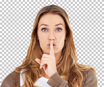 Buy stock photo Woman, portrait and secret with hand on mouth for gossip isolated on a transparent PNG background. Face of female person or model with finger on lips for silence, confidential or quiet gesture