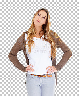 Buy stock photo Thinking, planning and woman with ideas, solution and problem solving isolated on a transparent background. Person, girl and model with wonder, decision and choice with questions, confused and png