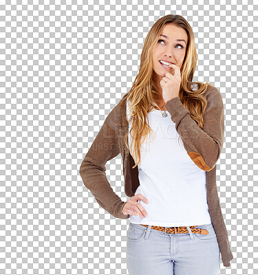 Buy stock photo Thinking, idea and woman planning, inspiration and question isolated on a transparent png background. Decision, choice and reflection, dream or vision of person brainstorming strategy and solution