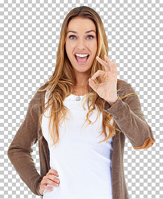 Buy stock photo Excited woman, portrait and OK sign for approval isolated on a transparent PNG background.  Happy female person or model smile with like emoji, yes sign or okay for good job, excellent or thank you