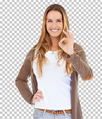 Buy stock photo Happy woman, portrait and OK sign for approval or perfect isolated on a transparent PNG background. Female person or model smile with like emoji, yes or okay for good job, excellent or thank you