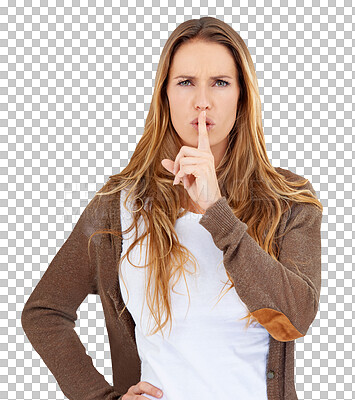 Buy stock photo Woman, portrait and gossip with hand on mouth for secret isolated on a transparent PNG background. Face of female person or model with finger on lips for silence, confidential or quiet gesture