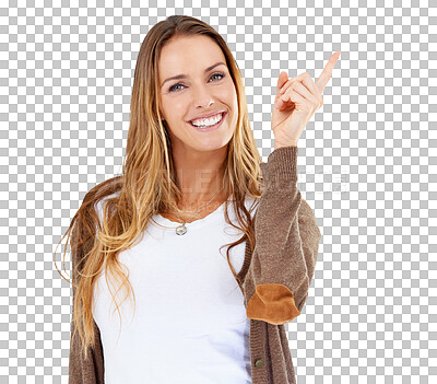 Buy stock photo Woman happiness, portrait and pointing up at advertising news, discount offer or service direction, promo or commercial. Choice, notification or model show ads isolated on transparent, png background