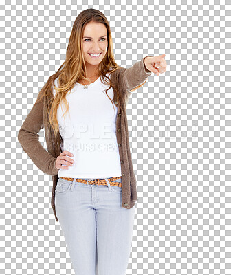 Buy stock photo Happiness, advertising and woman offer, pointing or show news, sales information or service direction, promo or commercial. Announcement, notification and girl isolated on transparent, png background