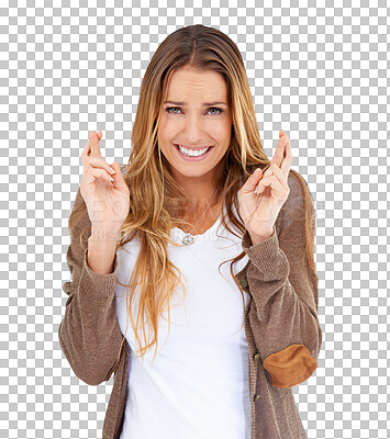 Buy stock photo Fingers crossed, anxiety and portrait of woman for hope on isolated, png and transparent background. Wish, waiting and person with hand gesture, emoji and sign for winning, prize giveaway and luck