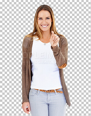 Buy stock photo Portrait, pointing to you and woman with a smile, choice and opportunity isolated on a transparent background. Person, hand gesture or girl with promotion, png and motivation with support of feedback