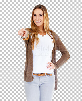 Buy stock photo Smile, portrait and woman point at advertising news, discount information or show sales announcement. Discount opportunity, presentation and happy person isolated on transparent, png background