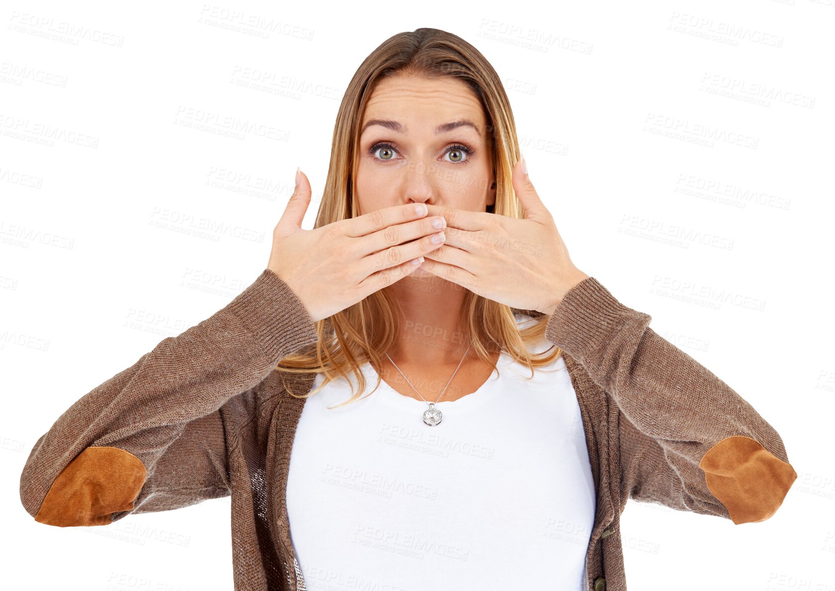 Buy stock photo Portrait, covering mouth and woman with surprise, gossip and secret isolated on a transparent background. Face, person and model with emoji, shocked and wow with omg, png and reaction with news