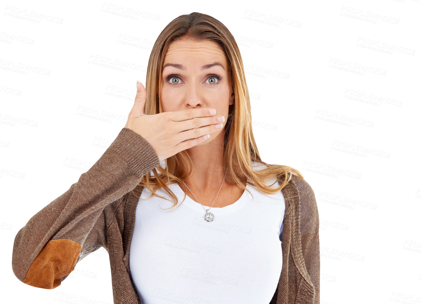Buy stock photo Portrait, covering mouth and woman with shock, news and secret isolated on a transparent background. Face, person and model with emoji, surprised and wow with omg, png and reaction with gossip