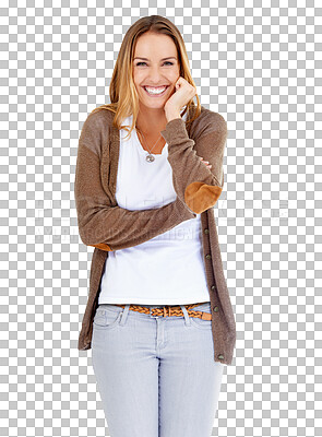 Buy stock photo Portrait, excited and woman with a smile, happiness and confident girl isolated on a transparent background. Person, joyful and model with facial expression, reaction and emotion with png or cheerful