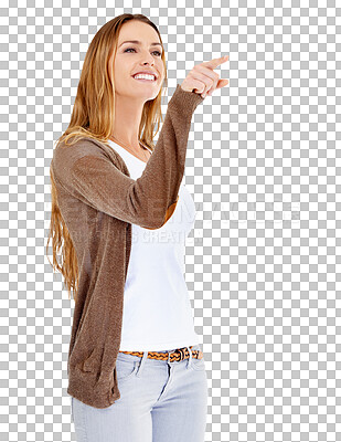 Buy stock photo Smile, woman and point at direction offer, discount information or show sales announcement. Promo, advertisement presentation and girl press Virtual screen isolated on transparent, png background