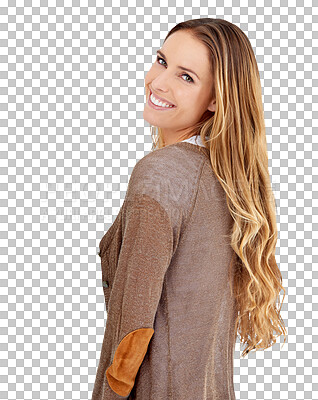 Buy stock photo Casual fashion, smile and portrait of woman isolated on transparent png background with natural beauty. Confidence, happiness and face of happy model with cool style, relax and wellness with pride.