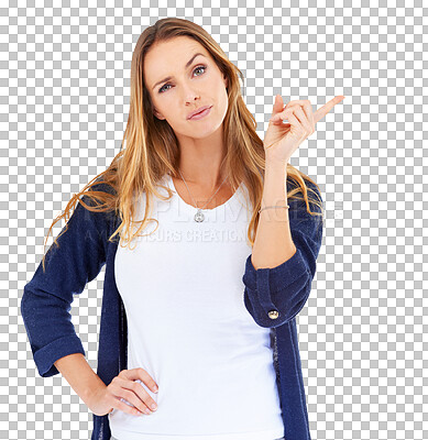 Buy stock photo Portrait, woman and pointing at thinking offer, discount info or show sales announcement with emoji facial expression. Ads, advertisement presentation or girl isolated on transparent, png background