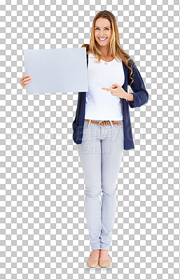 Buy stock photo Happy woman, portrait and pointing to poster for advertising or marketing isolated on a transparent PNG background. Female person or model smile with sign or billboard for deal or sale on mockup