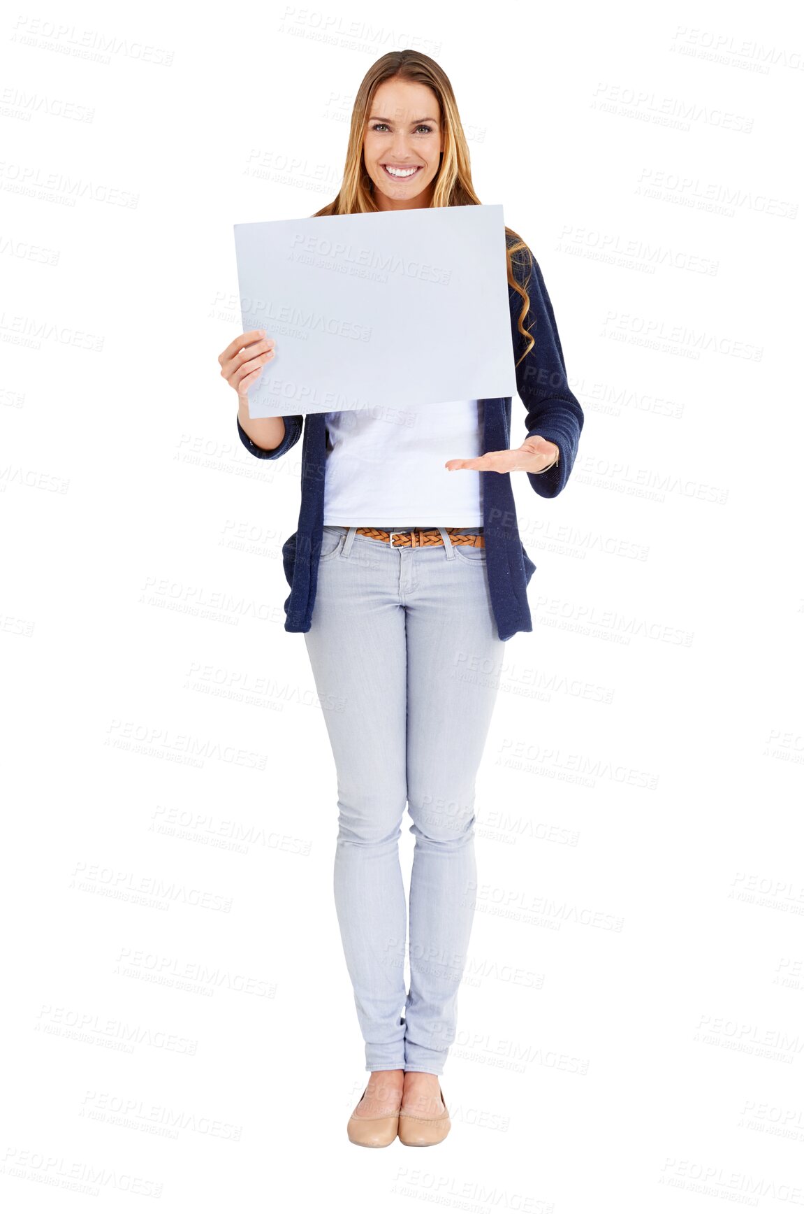 Buy stock photo Happy woman, portrait and sign for advertising or marketing isolated on a transparent PNG background. Female person or model smile with poster or billboard in message, notification or alert on mockup