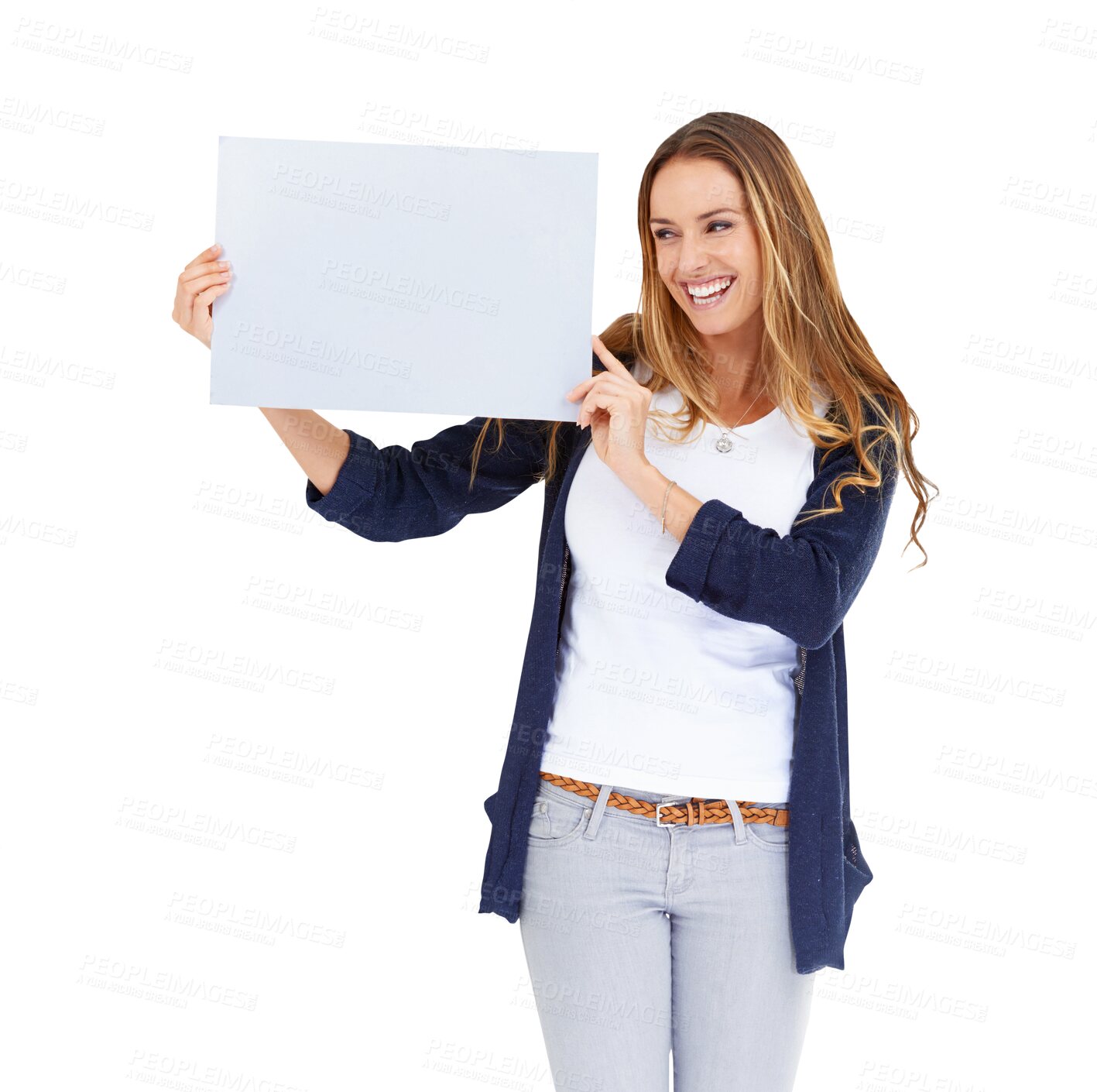 Buy stock photo Smile, poster and woman with announcement, opportunity and promotion isolated on a transparent background. Person, banner and girl with happiness, png and paper with winner, sales and discount