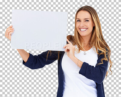 Buy stock photo Portrait, woman and poster with announcement, opportunity and smile isolated on transparent background. Face, person or girl with banner, mockup space or promotion with information with png or joy