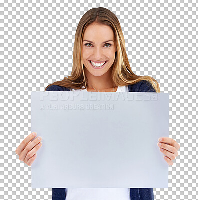 Buy stock photo Portrait, woman and poster with announcement, feedback and happiness isolated on a transparent background. Face, person and girl with a banner, idea and board with information, png or mockup space