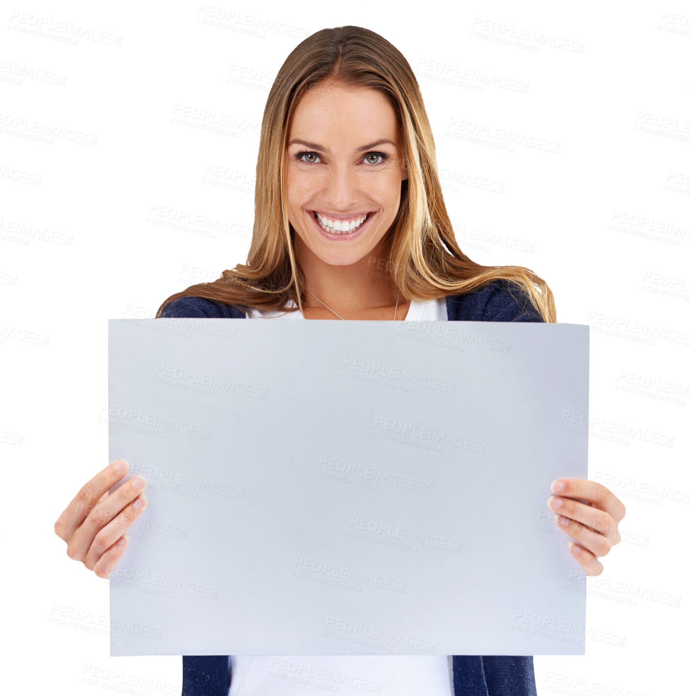Buy stock photo Portrait, woman and poster with announcement, feedback and happiness isolated on a transparent background. Face, person and girl with a banner, idea and board with information, png or mockup space