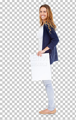 Buy stock photo Happy, portrait and woman with advertising poster, discount information or service news, promo or commercial. Banner mockup, billboard notification and person isolated on transparent, png background