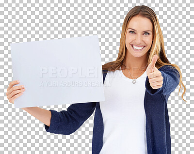 Buy stock photo Portrait, woman and poster with announcement, thumbs up and support isolated on a transparent background. Face, person and girl with a banner, gesture and board with feedback with png or mockup space