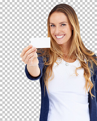 Buy stock photo Happy, portrait and woman advertising mockup card, discount info or show service news, signage or commercial. Blank banner, placard notification and person isolated on transparent, png background