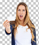 Shocked, portrait and woman advertising mockup card, discount info or show service news, signage or commercial. Placard, surprise facial expression and person isolated on transparent, png background