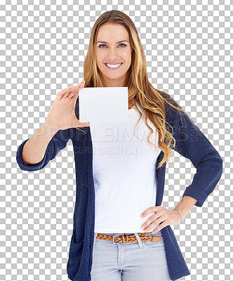 Buy stock photo Advertising portrait, smile and woman with business card, discount promotion signage and show sales service commercial. Sign, contact information and model isolated on transparent, png background