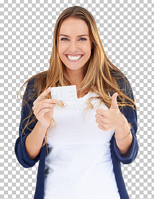 Buy stock photo Advertising, portrait and happy woman thumbs up for business card, discount info and show sales service mockup. Feedback, emoji yes sign and placard girl isolated on transparent, png background