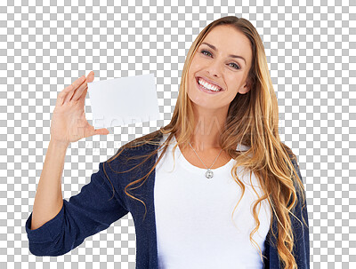 Buy stock photo Portrait, business card and woman with a smile, promotion and opportunity isolated on a transparent background. Face, person and model with information, happiness and mockup space with png and career