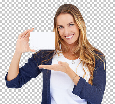 Buy stock photo Portrait, business card and woman with a smile, show and paper isolated on a transparent background. Face, person and model with information, happiness and mockup space with png and promotion