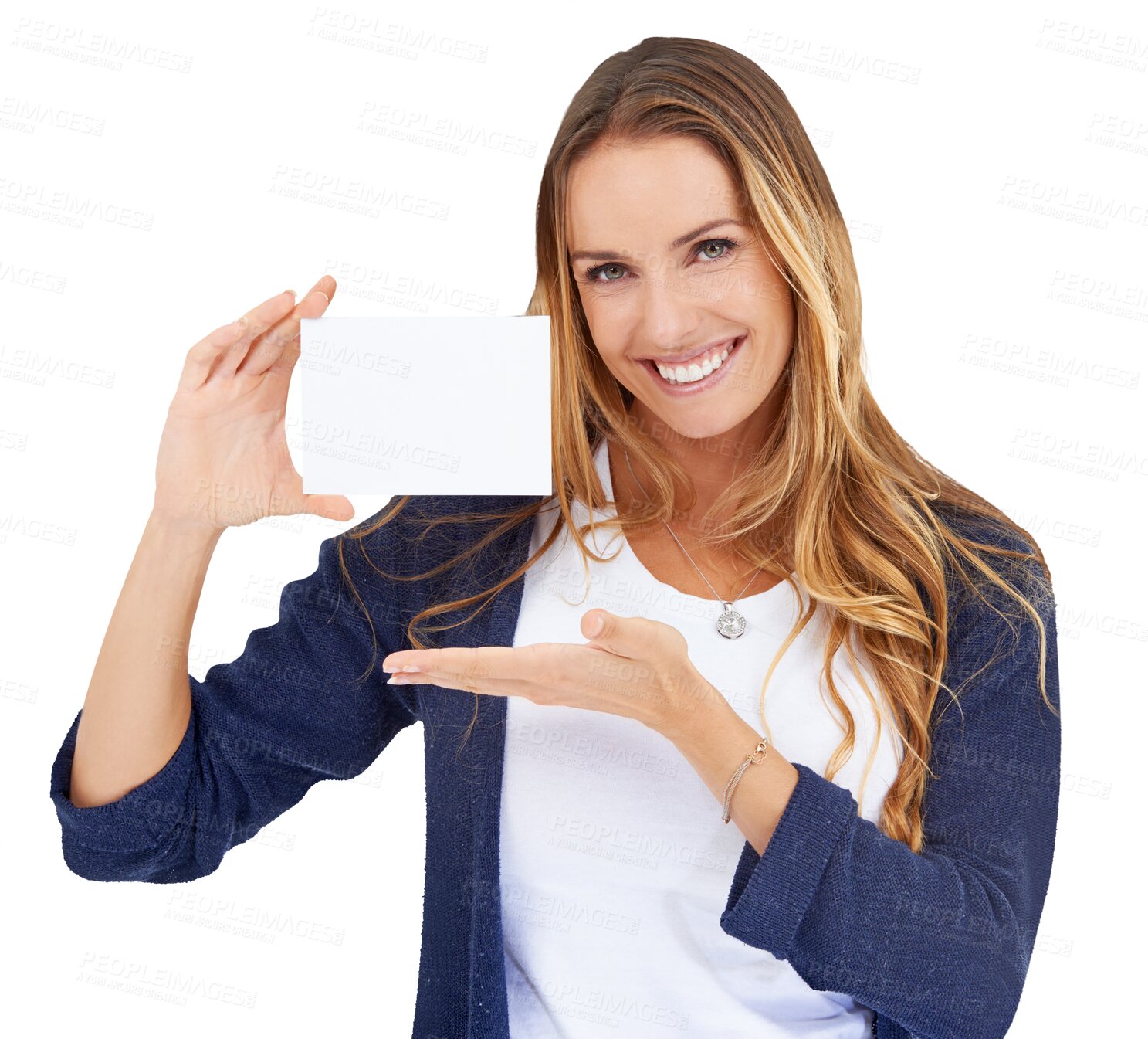 Buy stock photo Portrait, business card and woman with a smile, show and paper isolated on a transparent background. Face, person and model with information, happiness and mockup space with png and promotion