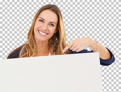 Buy stock photo Portrait, woman and pointing to poster for advertising space, promotion or information about us isolated on transparent png background. Presentation, sign board and smile for mockup, news or feedback