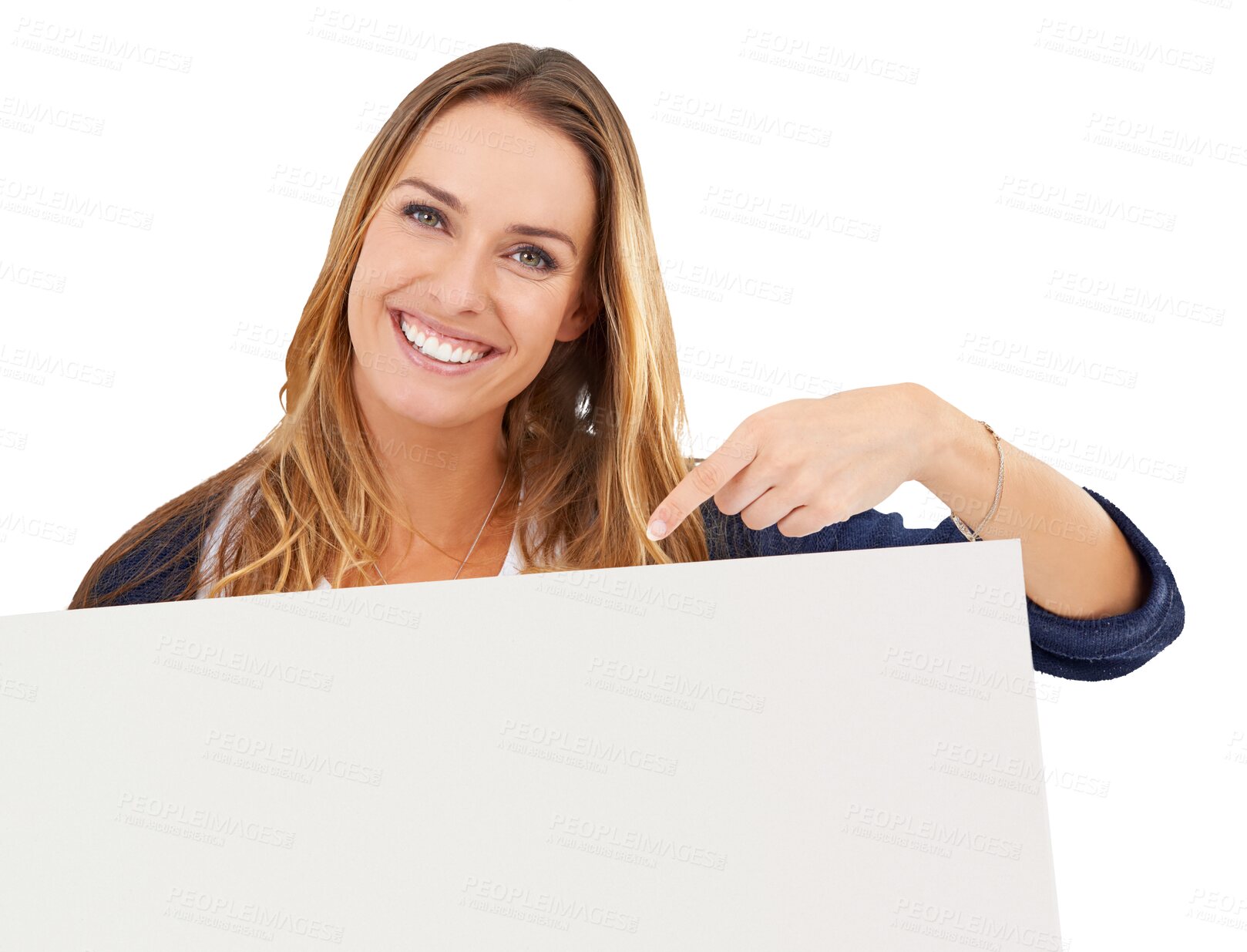 Buy stock photo Portrait, woman and pointing to poster for advertising space, promotion or information about us isolated on transparent png background. Presentation, sign board and smile for mockup, news or feedback