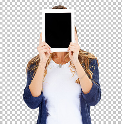 Buy stock photo Woman, face or screen of tablet for advertising space, sign up offer or mockup newsletter isolated on transparent png background. Digital marketing, online sales announcement or promotion coming soon