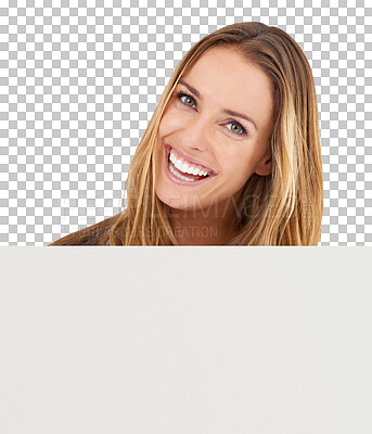 Buy stock photo Portrait, woman and smile with poster sign for advertising space, promotion and sales information isolated on transparent png background. Announcement, board and presentation of mockup, news and deal