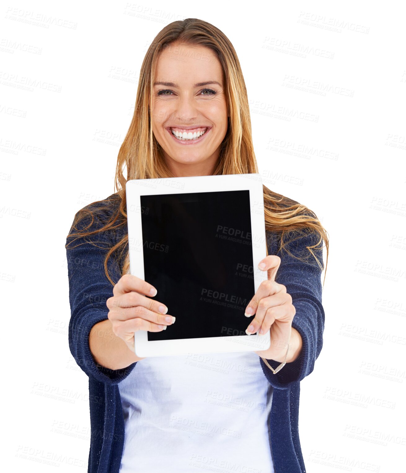 Buy stock photo Portrait of happy woman, showing tablet and isolated on transparent png background for website promo. Happy model, mockup and digital app for online technology, application and internet announcement.