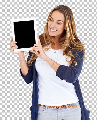 Buy stock photo Tablet, screen and happy woman with advertising news, online discount info and show mockup sales promotion. Graphic website, social media application and model isolated on transparent, png background