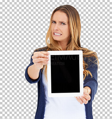 Buy stock photo Portrait, confused and woman with tablet, mistake and facial expression isolated on a transparent background. Face, person and model with tech, screen and bad review with feedback, reaction and png